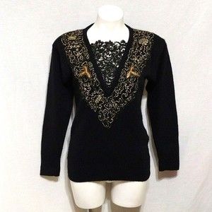 Michelle Stuart Fuzzy Mohair Blend Long Sleeve Top US 4 Metallic Embroidery 80s